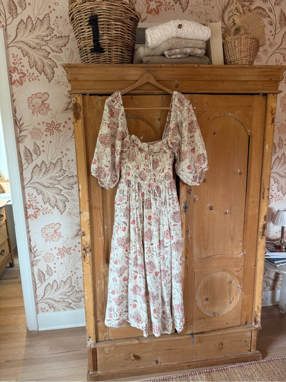 Free People Floral Midi Dress in Cream and Pink
